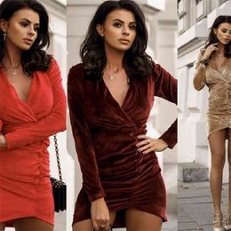 Bodycon Dress Spring Velvet Fashion Mini 3 Colors For Women Sexy Deep V Neck Solid Color Slim Pleated es 210517