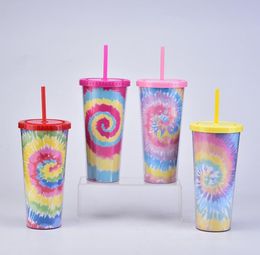 24 oz Tie-dye Tumbler With Lid And Reusable Straw Colourful Double Wall Insulated Travel Mug Cup SN5638