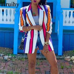 Plus Size Jackets for Women Long Sleeve Striped Print Turn-down Collar Jacket Fashion Streetwear Casual Coat 210918