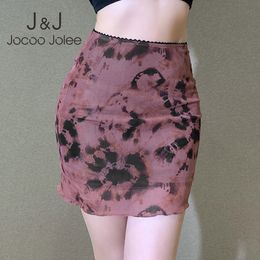 Jocoo Jolee Women Y2K Ruffle Summer Tie Dye Gauze Mesh Printing High Waist Mini Skirt Sexy Straight Elegant Party Club 210518