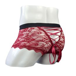 wholesale Sexy Lace Back Open Draw String Mesh Transparent Gay Underpants Mens Sexi Lingerie New Design Boxer Shorts MKL1485