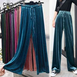 Tingfly 11 Colours Fashion Casual Velvet Wide Leg Pants Women Colourful Elastic Waist Velour Full Length Trousers Bottoms 211124