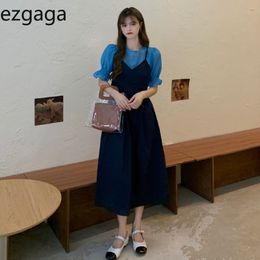 Ezgaga Summer New Patchwork Midi Dress Women Fake Two Piece Puff Short Sleeve Bow Bandage Korean Chic A-Line Slim Thin Elegant 210430