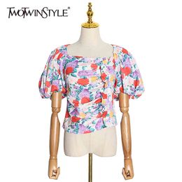 TWOTWINSTYLE Vintage Printed Floral Short Tops For Women Square Collar Puff Sleeve Lace Up Hollow Out Shirt Female Summer 210517