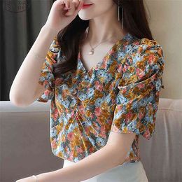 Ladies Tops Floral Chiffon Blouse Vintage Summer Short Sleeve Print Clothes Women and Blouses Blusas 9150 50 210506