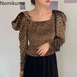 Nomikuma Women Velour Blouse Puff Long Sleeve Square Collar Korean Shirt Autumn Stretch Slim Short Top Blusas Femme 6C970 210427