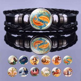 leather zodiac bracelets Canada - 2021 New Charm Bracelets Black Leather Handmade Bangle Bracelet 12 Zodiac Sign for Women Virgo Cancer Aries Gemini G