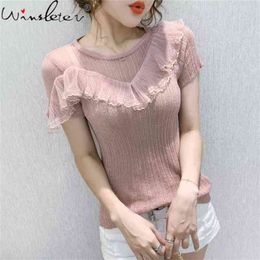 Summer Korean Style Knit T-shirt Sexy Fashion Shiny O-Neck Mesh Patchwork Women Tops Ruffles Casual Tees T13415A 210421