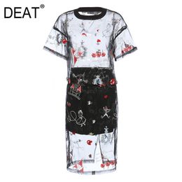 DEAT New Spring And Summer Fashion Casual Short Sleeve Slim Print O Neck Embroidery Skirt Two-piece Suit Women SJ923 210428