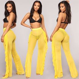 Sexy Ruffle Women Beach Mesh Pants Sheer Wide Leg Transparent See through Sea Holiday Cover Up Bikini Trouser Pantalon 210517