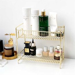 2 Layers Metal Cosmetics Storage Rack Bathroom Makeup Organiser Kitchen Seasoning Iron Shelves Box 211102