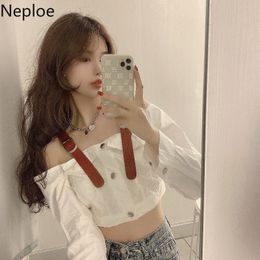 Neploe Korean Chic Crop Tops Mujer Sexy Lady Shirts Slash Neck Off Shoulder Blouses Women Spring White Blouse Femme 4l021 210422