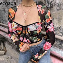 Ezgaga Women Tshirts Streetwear Floral Deep V-Neck Short T Shirt Slim Autumn Tee Lady Sexy Tops Patchwork Fashion Clubwear 210430