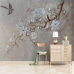 Custom Mural Wallpaper 3D Branches Magnolia Wall Painting Living Room TV Sofa Bedroom European Style Vintage Wall Paper 3D Decor