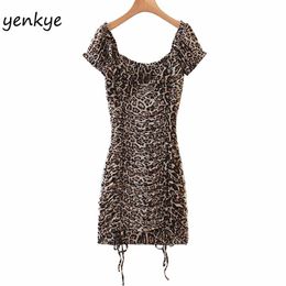 Vintage Leopard Sexy Dress Women Front Drawstring Draped Bodycon Mini Romantic Female Summer Night Out Club Party es 210514