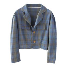 Women Shrot Cropped Jacket Pocket Spring Autumn Outerwear Button Notch Collar Plaid C0310 210514