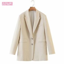 Beige Single-breasted Long-sleeved Lapel Collar Casual Wild Chic Women's Coat Professional Simple Female Suit 210507