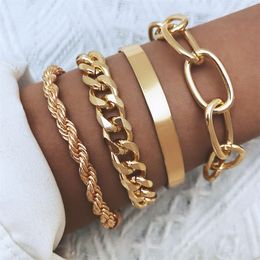 Punk Heavy Metal Gold Thick Chain Bracelet Set for Women's Gold Twist Chain Charm Bracelets Bangles Trend Hip Hop Rock Jewelry