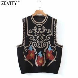 Zevity Women Vintage Totem Flower Pattern Sleeveless Vest Female Retro National Style Patchwork Casual Jacquard WaistCoat S617 211008