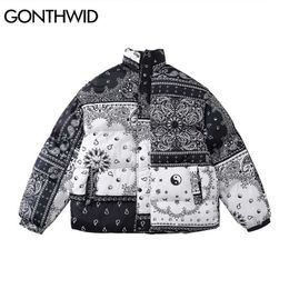 Hip Hop Winter Parka Jacket Streetwear Men Bandana Print Patchwork Cotton Padded Thick Coats Harajuku Waterproof Parka 211204