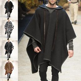 Capa de lã masculina Autumn Winter Batwing Sleeve vintage solto de casacos de capuz de pancho de grande tamanho grande
