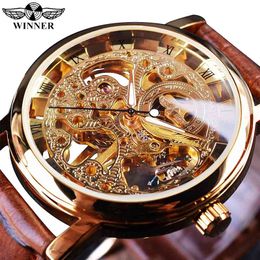 Winner Transparent Golden Case Luxury Casual Design Brown Leather Strap Mens Watches Top Brand Luxury Mechanical Skeleton Watch 210329