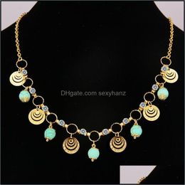 Pendant Erluer Vintage Green Bead Gold Color Jewelry Choker Necklace For Women Collares Mujer Rhinestone Charm Boho Necklaces & Pendants Dro