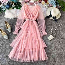 Korobov Sweet Mesh Irregular V Neck Dress Fashion High Waist Mesh Long Sleeve Dresses Elegant Vintage Ruffles Robe Femme 2a540 210430