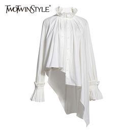 Vintage Asymmetrical Women Blouse Stand Collar Flare Long Sleeve Irregulaer Hem Ruched Ruffles Shirt For Female 210524