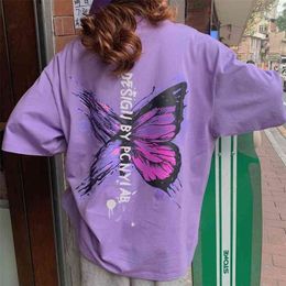 Purple Butterfly Print T-shirt Women Loose Ins Bf Harajuku Tshirt Summer Fashion Oversize T Shirt Streetwear L0613 210324