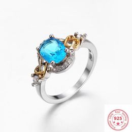 Cluster Rings 925 Silver Colour Jewellery Sapphire Wedding Diamond For Women Anillos Bizuteria Gemstone Blue Topaz Ring