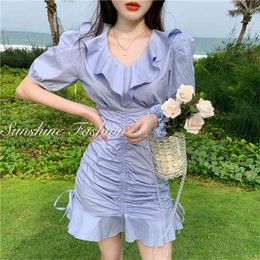 Summer Women Casual Dress Elegant Ruffled Slim Bodycon Mermaid Mini Party Puff Sleeve Blue White Vestidos 210514