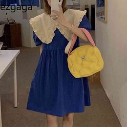 Ezgaga Summer New Contrast Mini Dress Women Short Sleeve Peter Pan Collar High Waist Loose Sweet Korean Fashion Vestidos 210430
