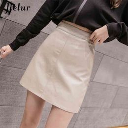 Jielur Leather Skirt Autumn Winter Korean High Waist Mini Skirt Female 4 Colors Chic Black Sexy Saia A-line PU Skirt 210730