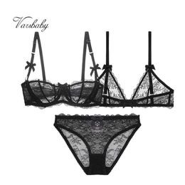 Briefs Panties Varsbaby sexy see-through half cup bra wire free floral lace bra + panty bras set L2404