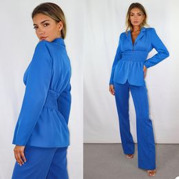 Blue Women Pants Suits wiht Corset Slim Fit Blazer Suit Ladies Prom Party Wedding Wear(Jacket+Pants)