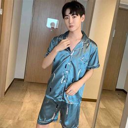 Summer Silk Male Sleepwear Men Pyjamas Plus Size 4XL 5XL Short Sleeve Home Wear Autumn Boy Pyjama Set Leisure Sleepwear Set 210901