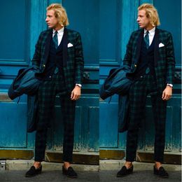 Classic Green and Black Glen Plaid Wedding Tuxedos Slim Fit Mens Suit Sets 2 Pieces One Button Shalw Lapel Males Coat