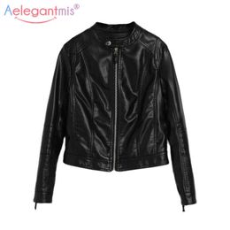 Aelegantmis Brand Women's Classic PU Faux Leather Jacket Slim Short Moto Biker Bomber Coat Plus Size Outerwear 210607