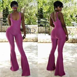 Effortless Summer Women Sexy Jumpsuits U Neck Sleeveless Backless Long Flare Pants Chic Solid Purple Playsuits Overalls 210517