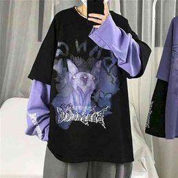 Autumn high street long-sleeved men's fake two-piece t-shirt male students Korean loose clothes trendy clothing 210716