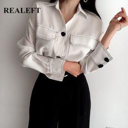 Spring White Women's Shirt Blouse Pocket Tops Vintage Single Breasted Long Sleeve Casual Loose Blouses Female 210428