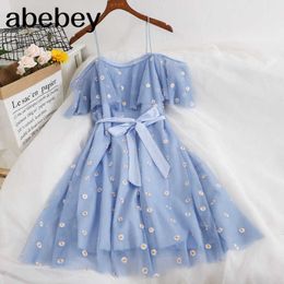 Sweet Princess Dress Women Clothes Gauze Elegant Robe Embroidery Floral Sling Vestidos Feminino Sexy Bandage Dresses 210715