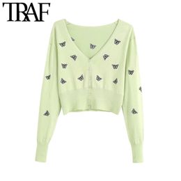 Women Fashion Butterfly Embroidery Cropped Knitted Cardigan Sweater Vintage Long Sleeve Female Outerwear Chic Tops 210507
