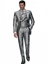 Fashionable Shiny Silver Groom Tuxedos Mens Wedding Prom Party Business Suits Blazer Sets (Jacket+Pants+Vest+Tie) K:767 X0909