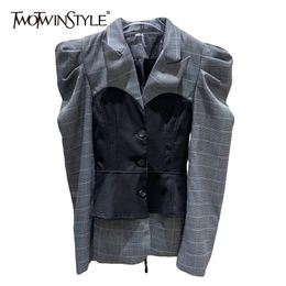 Patchwork Plaid Blazer For Women V Neck Long Sleeve Fake Two Casual Tops Female Fashion Clothing Fall 210524