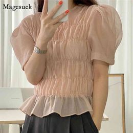 Summer Plus Size Korean Blouse Women Tops Sexy Transparent Puff Short Sleeve Shirt Chic Pleated Casual Women's Clothing 14093 210518