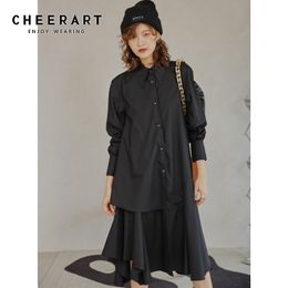 Autumn Black Button Up Shirt Dress Women Long Sleeve Collar Midi Designer Asymmetrical Fashion 210427