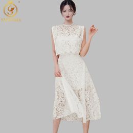 White Lace Hollow Out Two Piece Set For Women Sleeveless Shirts High Waist Long Skirts Female Suit 210520