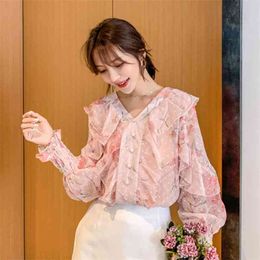 Arrival Korea Fashion Women Long Sleeve V-neck Shirts Print Chiffon Ruffles Sweet Cute Blouses Tops Female Blusas D520 210512